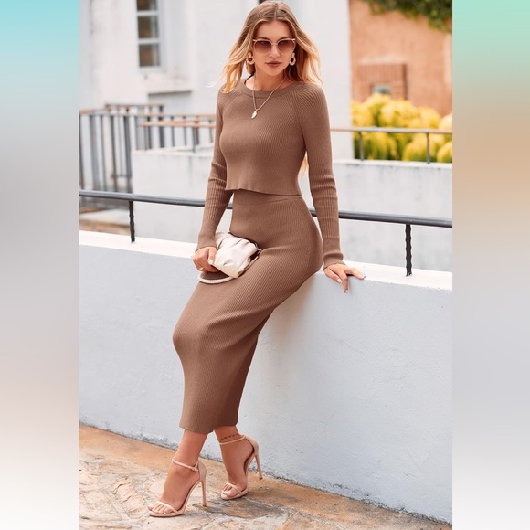 Amazon 2 Piece Sweater Set Rib Knit Long Sleeve Crop Top Maxi Bodycon Skirt - Picture 2 of 10